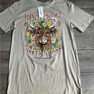 NWT Simply Southern Beige Crewneck T Shirt If I’m Too Much Highland Cow Sz M